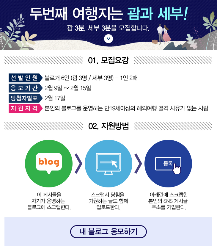 두번째 여행지는 괌과 세부! 괌 3분, 세부3분을 모집합니다. 01.모집요강 선발인원 : 블로거 6인 (괌 3명/세부3명)-1인 2매 응모기간:2월 9일~2월 15일 당첨자발표:2월 17일 지원자격:본인의 블로그를 운영하는 만19세이상의 해외여행 결격사유가 없는 사람  02.지원방법 이 게시물을 자기가 운영하는 블로그에 스크랩한다. 스크랩시 당첨을 기원하는 글도 함께 업로드한다. 아래란에 스크랩한 본인의 SNS 게시글 주소를 기입한다. 내 블로그 응모하기