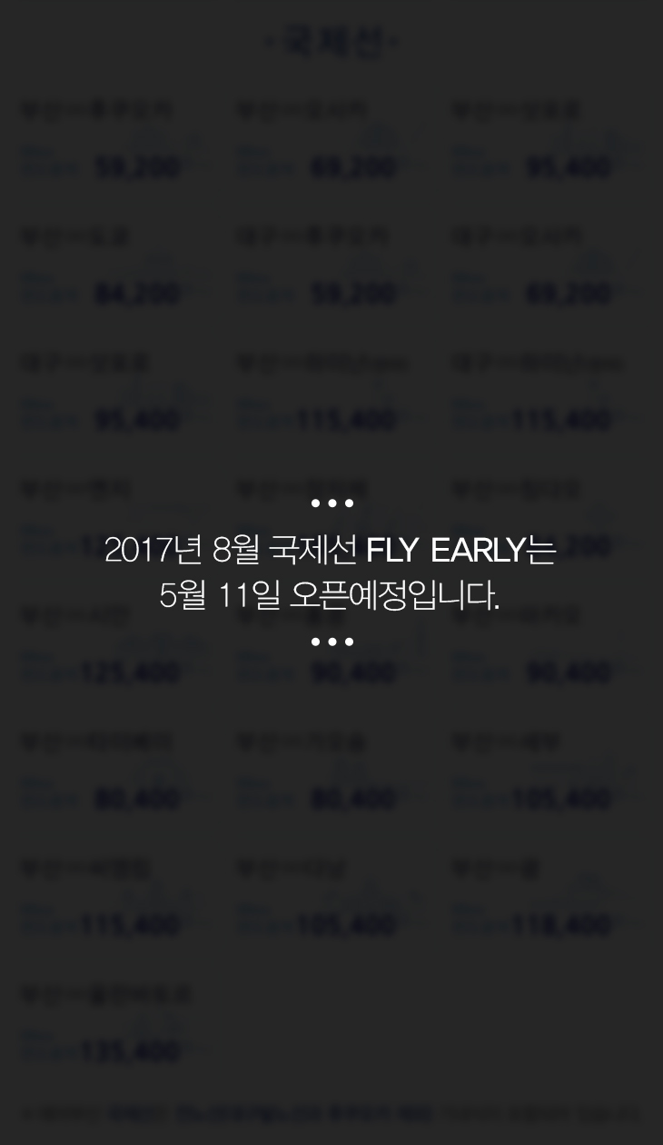 2017년 8월 국제선 FLY EARLY는 5월 11일 오픈예정입니다.